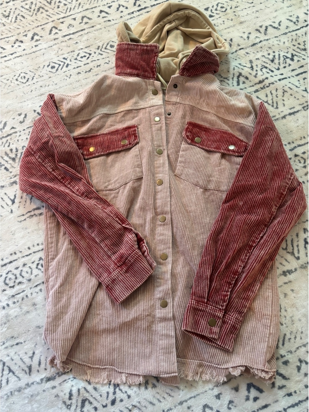 Two-Tone Corduroy Button-Up Shirt Jacket with Hood, Size M